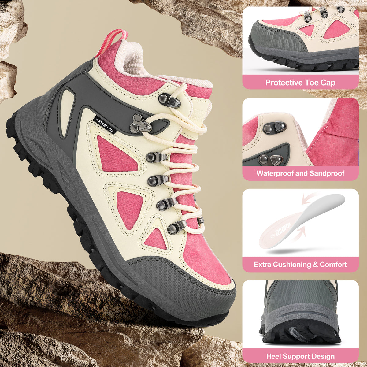 Durable protective kids hiking boots built for family hiking, camping and repeated outdoor wear [color:Beige]