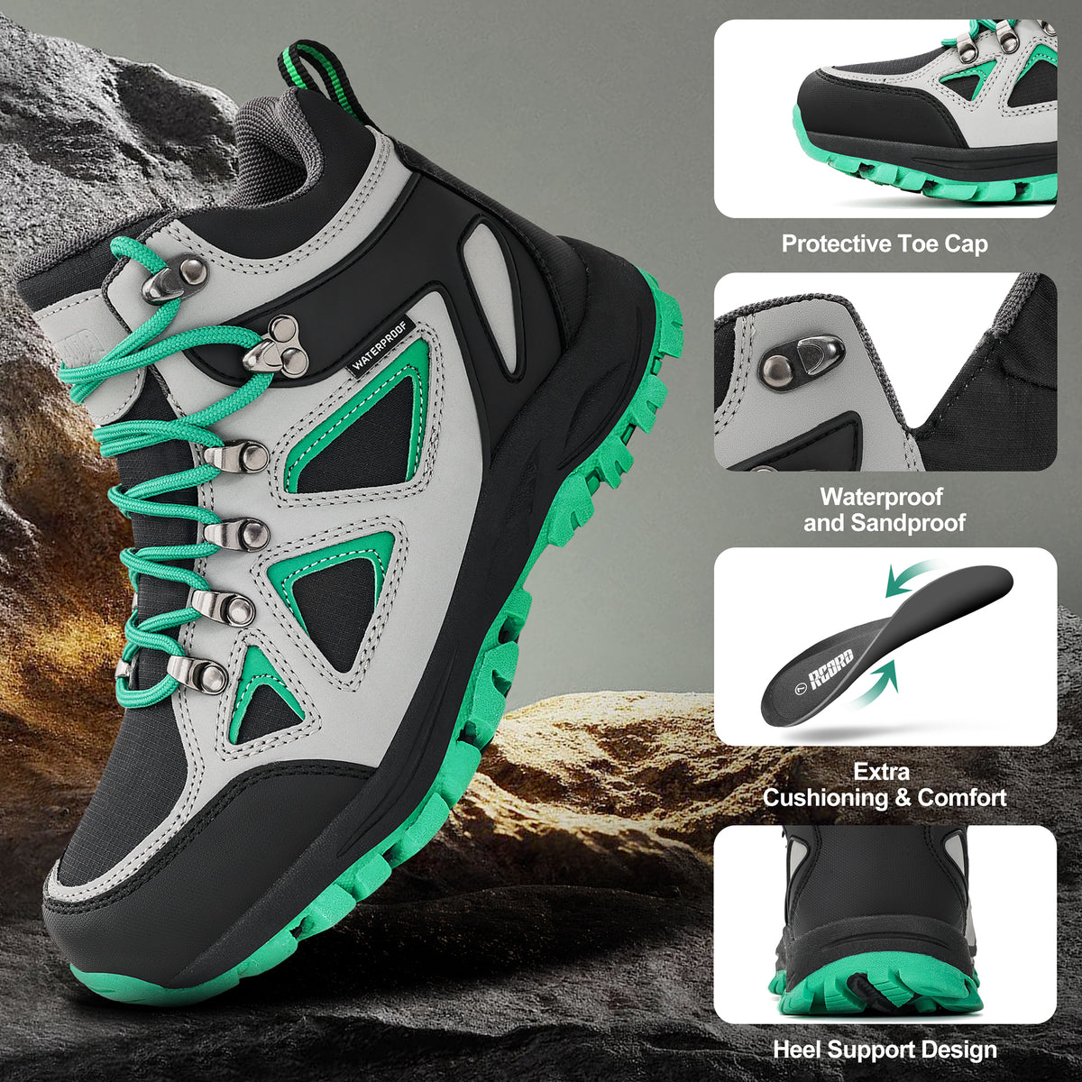 Durable protective kids hiking boots built for family hiking, camping and repeated outdoor wear [color:BlackGreen]