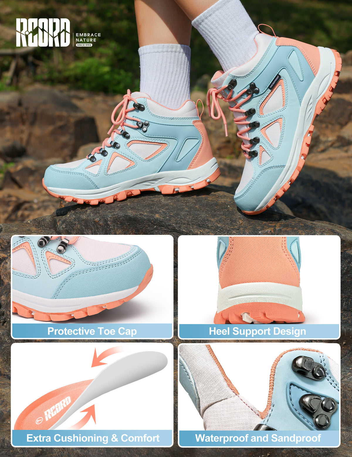 Durable protective kids hiking boots built for family hiking, camping and repeated outdoor wear [color:BluePeach]