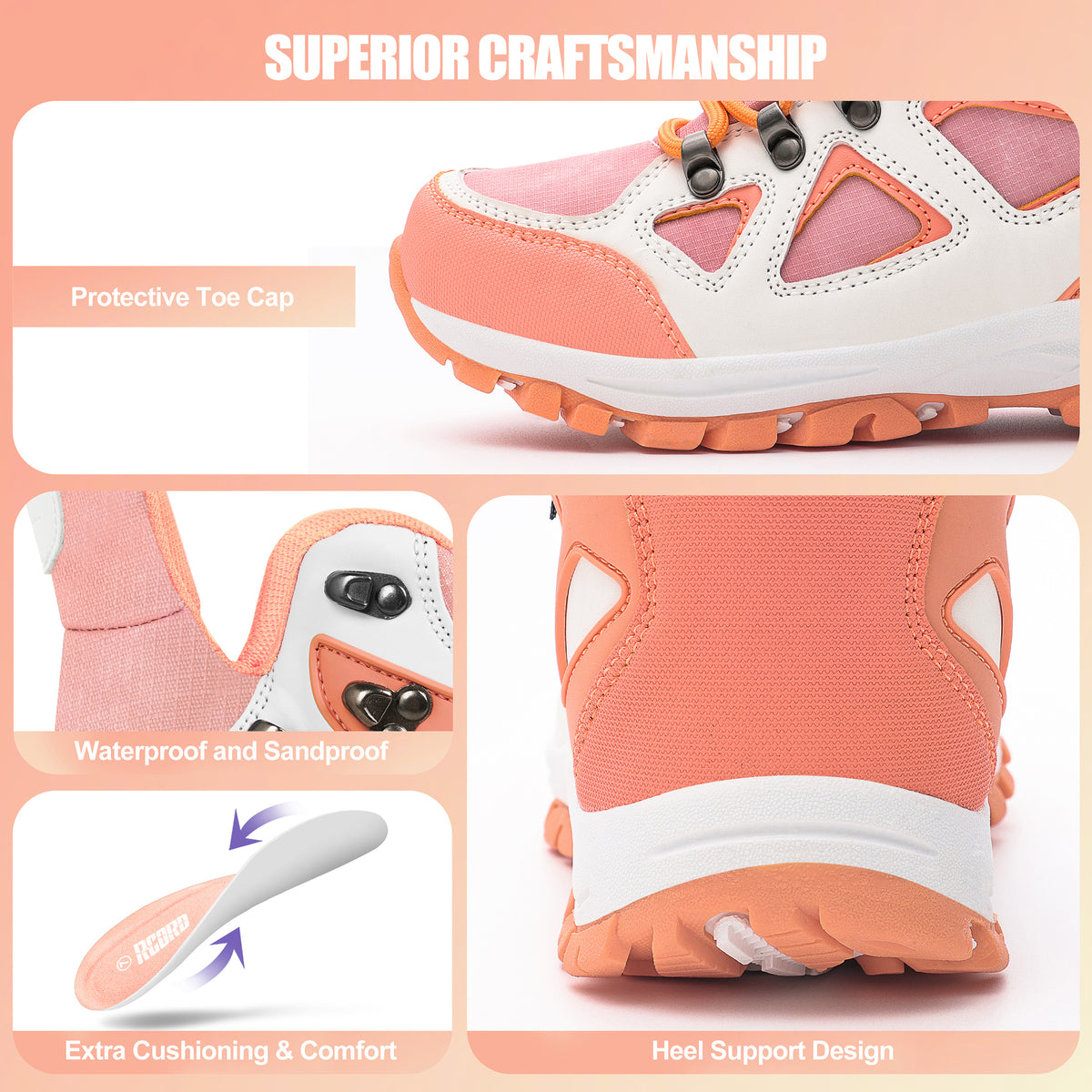 Durable protective kids hiking boots built for family hiking, camping and repeated outdoor wear [color:Peach]
