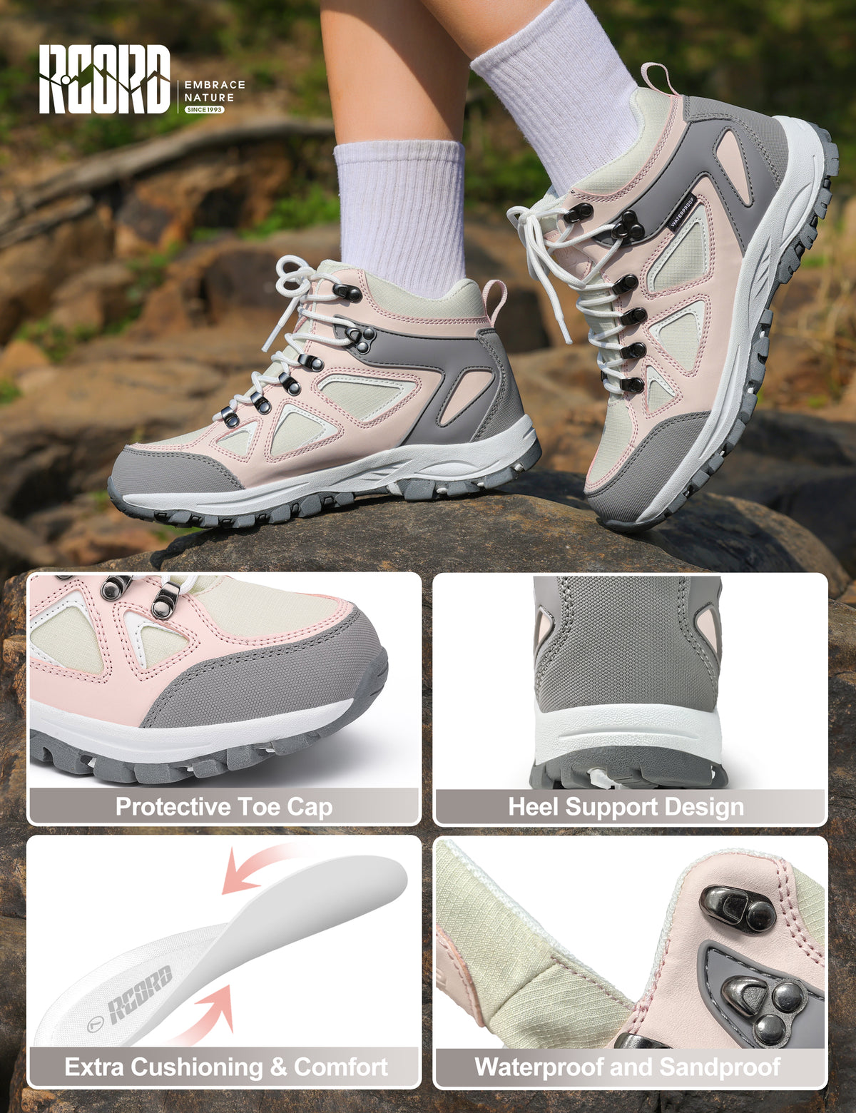Durable protective kids hiking boots built for family hiking, camping and repeated outdoor wear [color:PinkGrey]