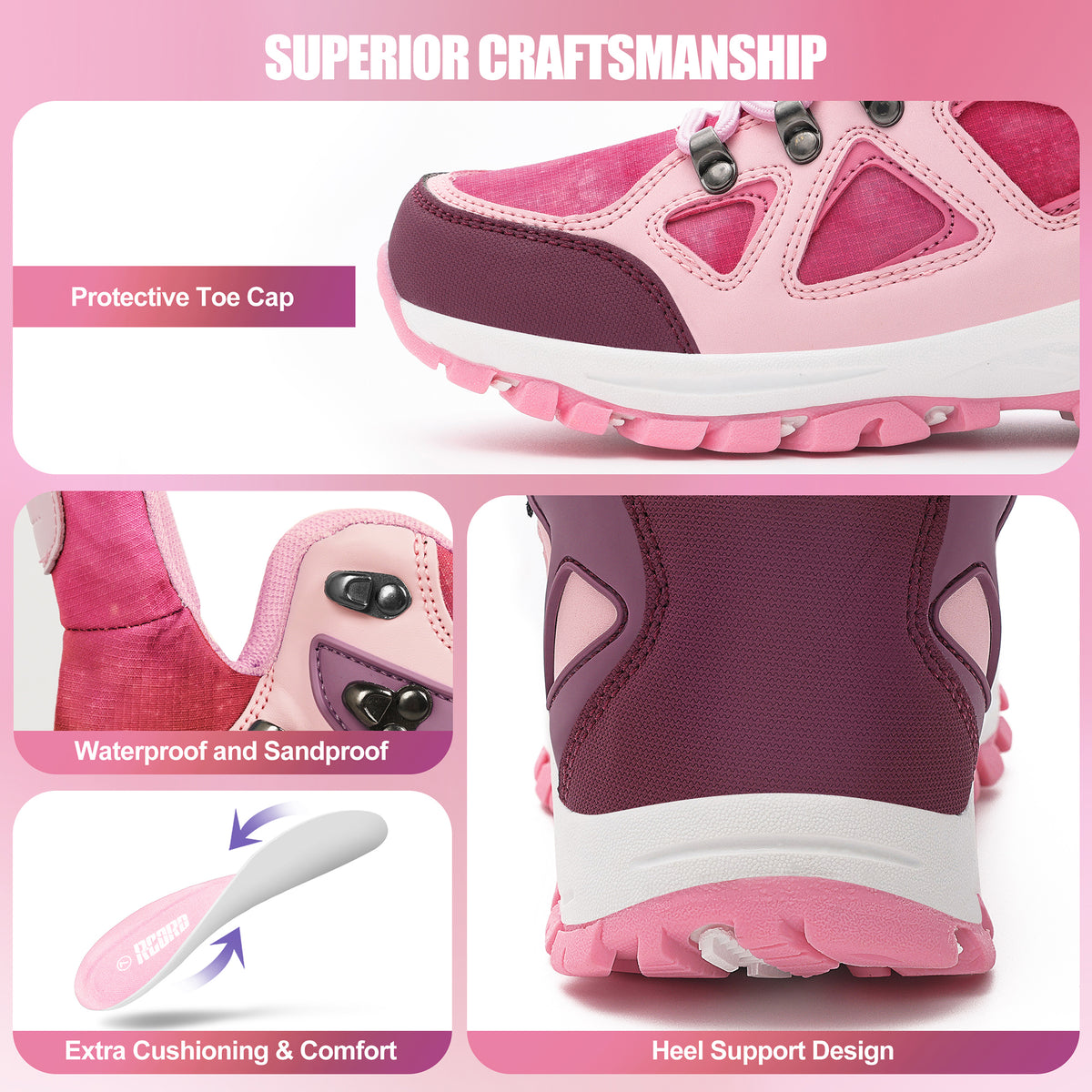 Durable protective kids hiking boots built for family hiking, camping and repeated outdoor wear [color:Rose]