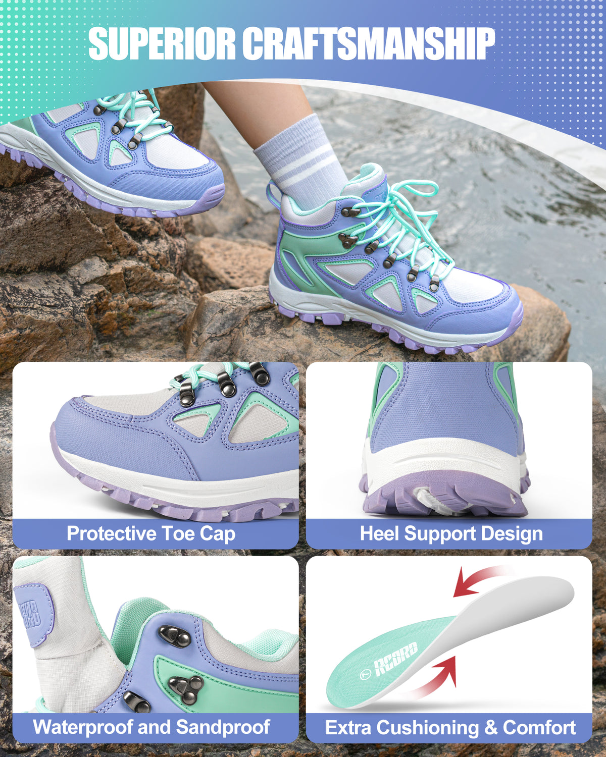 Durable protective kids hiking boots built for family hiking, camping and repeated outdoor wear [color:Turquoise]