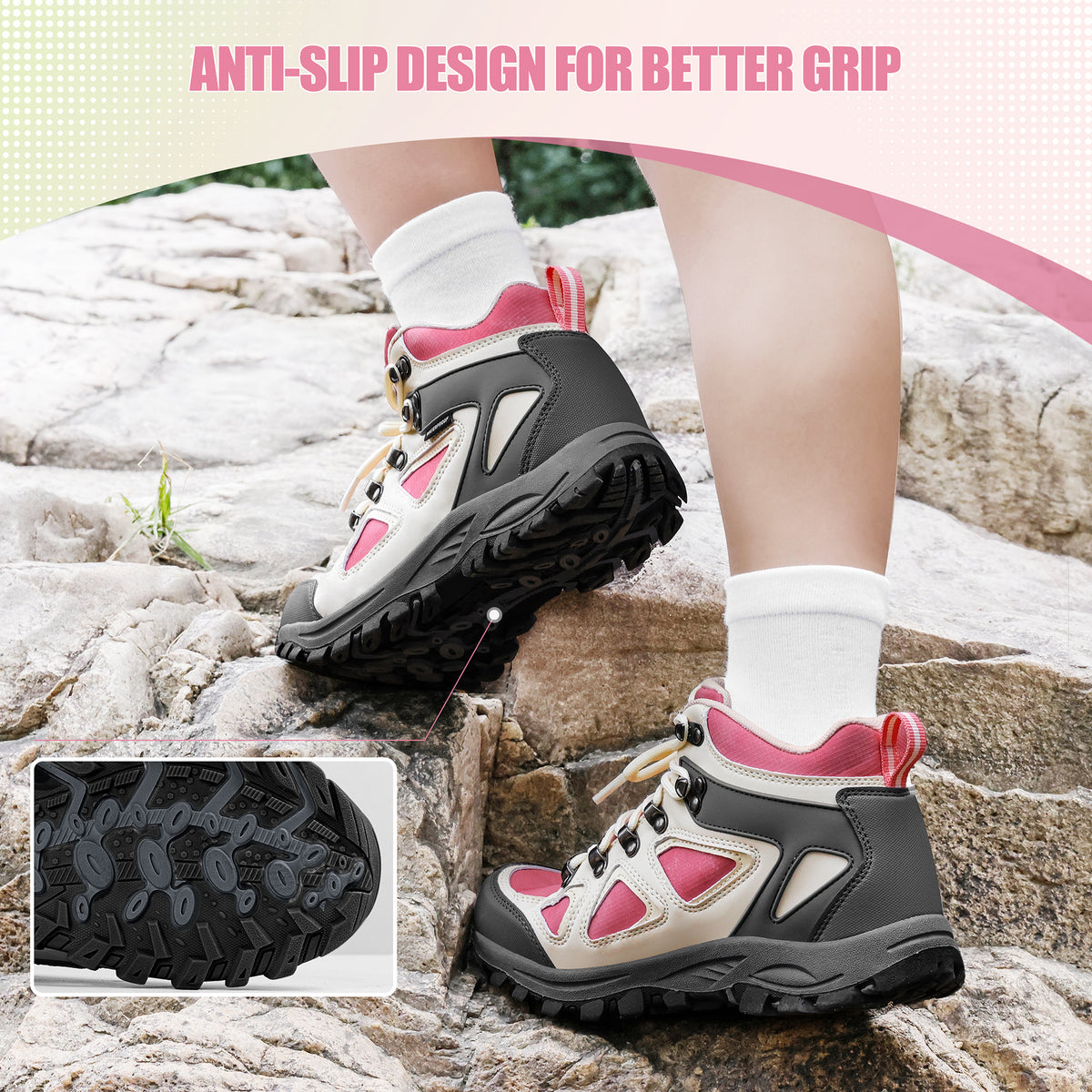 Non-slip kids hiking boots with a grippy outsole for family hiking, camping and changing outdoor surfaces [color:Beige]