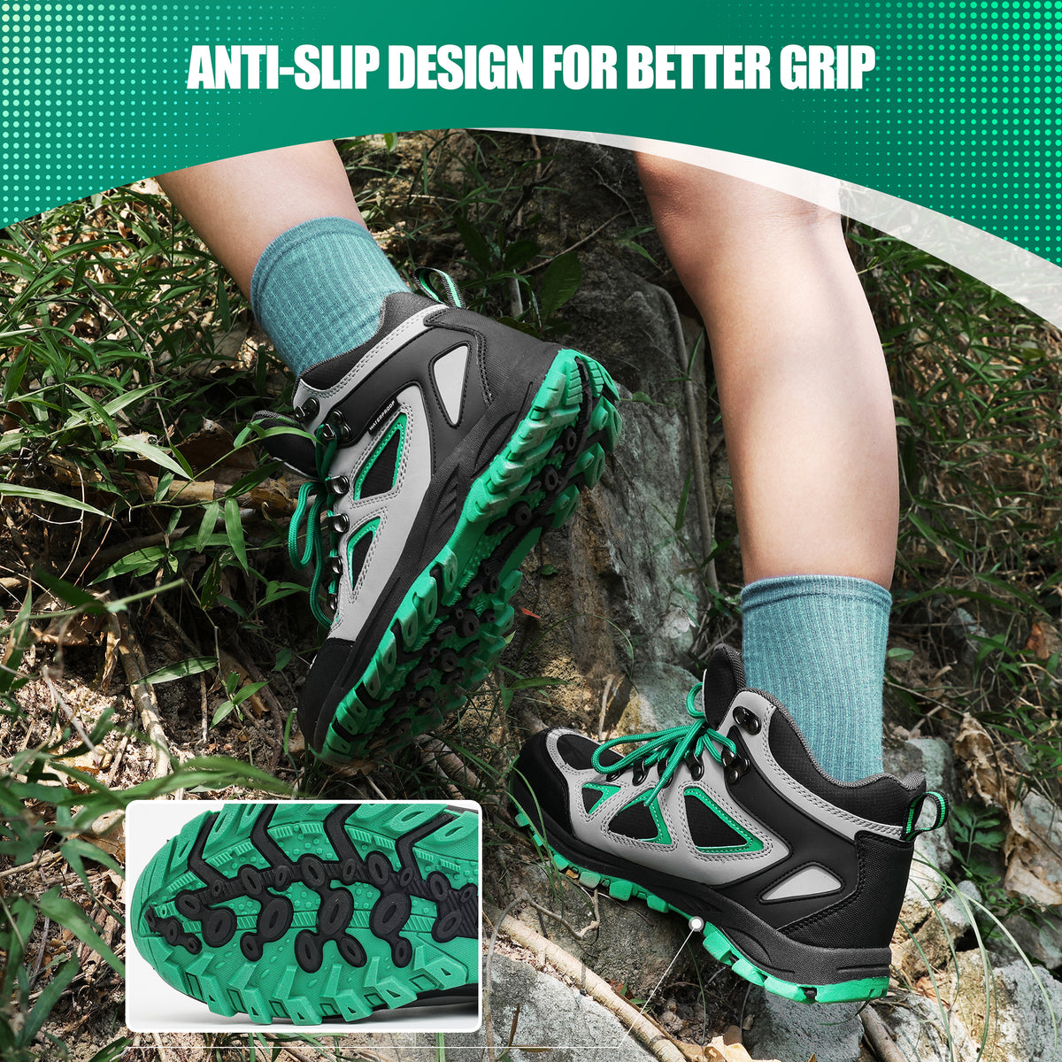 Non-slip kids hiking boots with a grippy outsole for family hiking, camping and changing outdoor surfaces [color:BlackGreen]