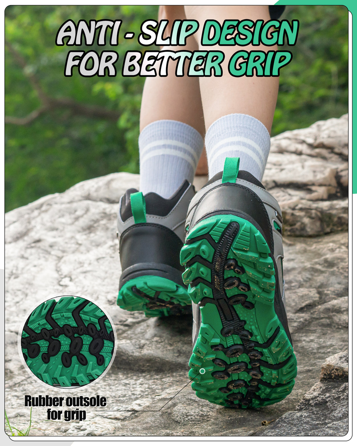 Non-slip kids hiking boots with a grippy outsole for school, playground, park and changing outdoor surfaces [color:BlackGreen]