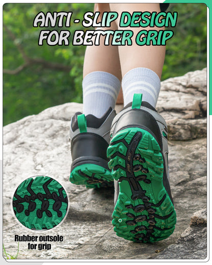 Non-slip kids hiking boots with a grippy outsole for school, playground, park and changing outdoor surfaces [color:BlackGreen]