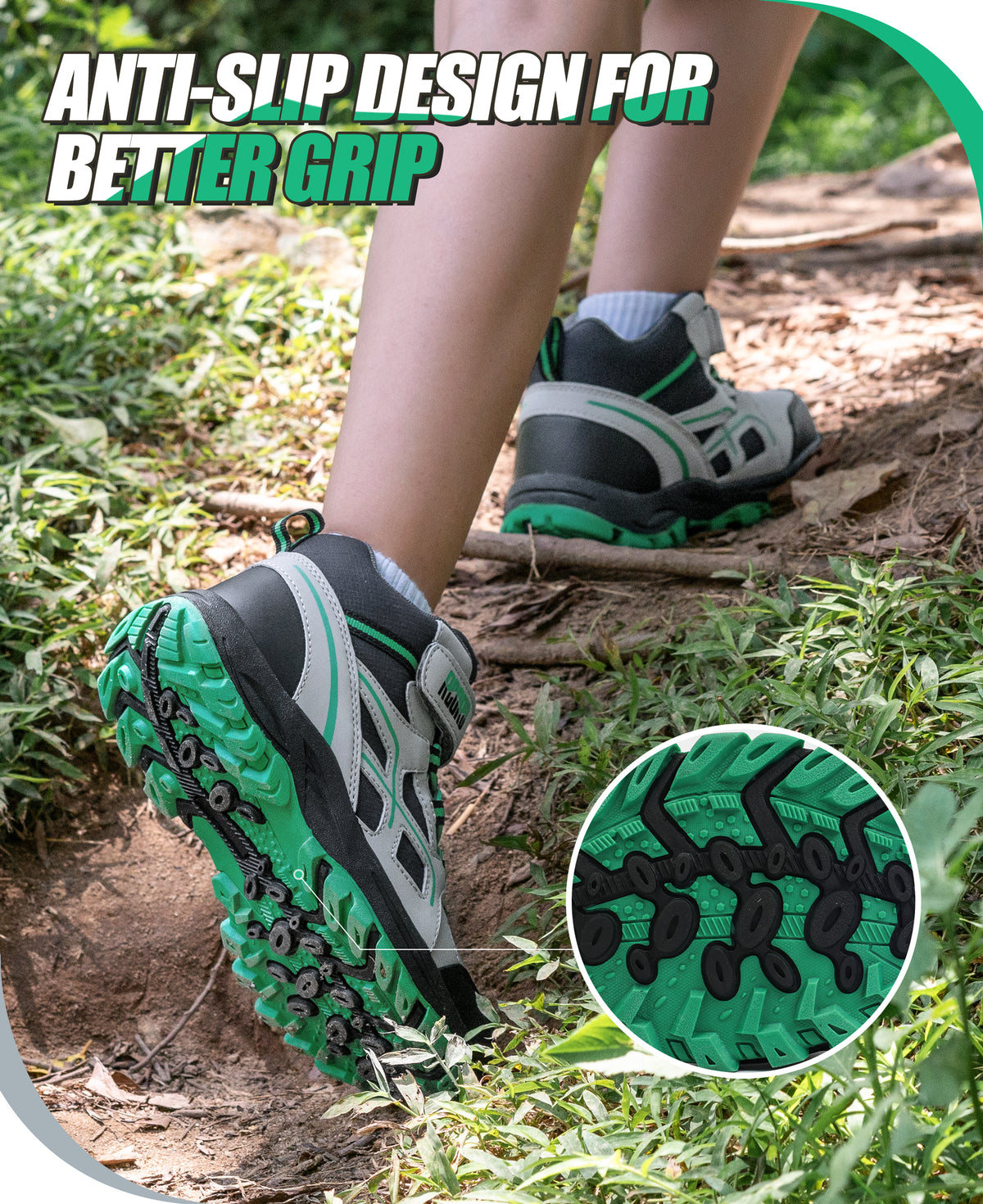 Non-slip girls hiking boots with a grippy outsole for nature trails, family hiking, outdoor exploring and changing outdoor surfaces [color:BlackGreen]