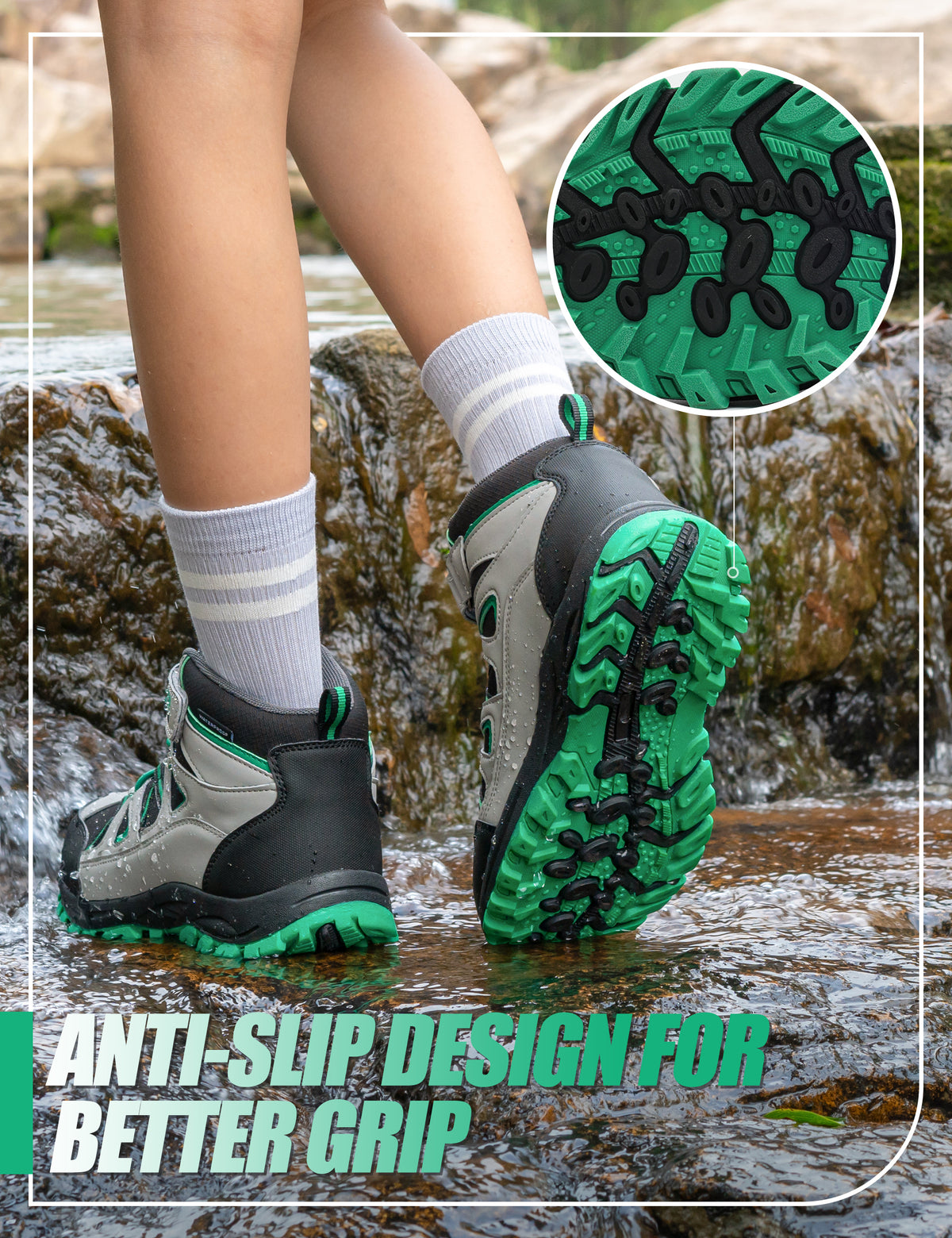 Non-slip girls hiking boots with a grippy outsole for rocky trails, dirt paths, outdoor adventures and changing outdoor surfaces [color:BlackGreen]