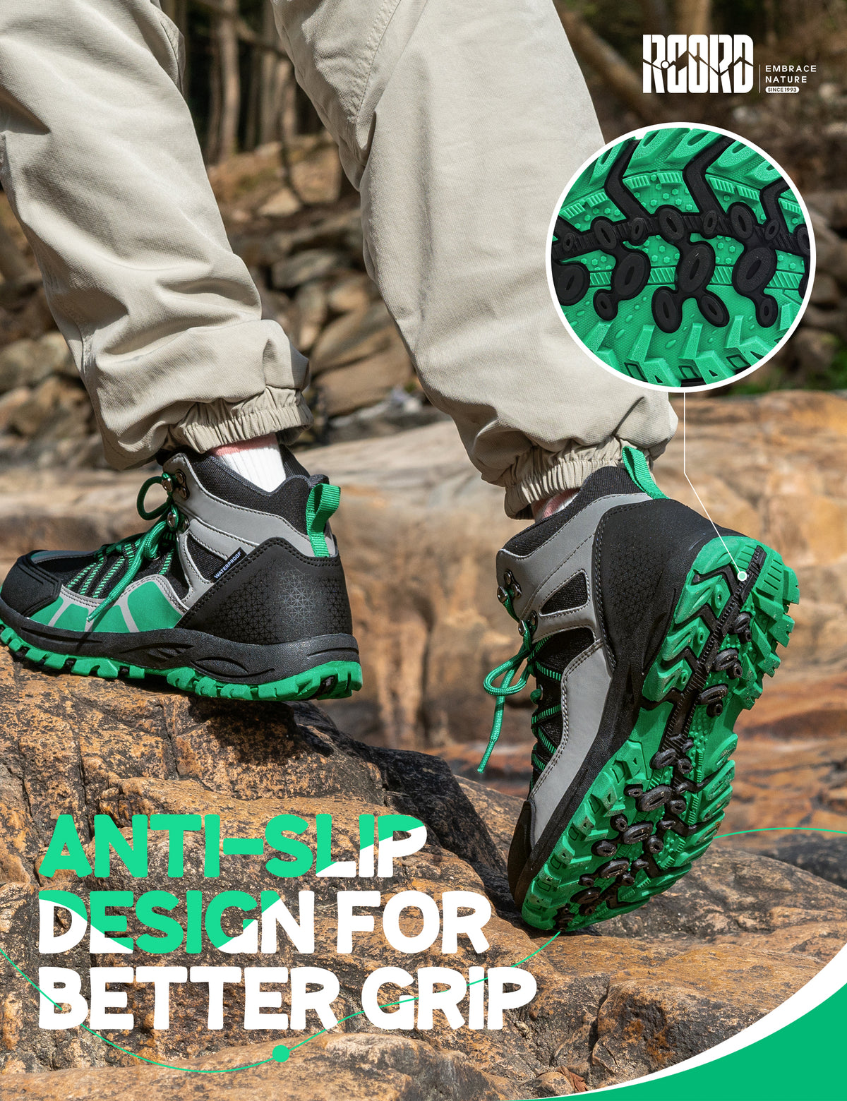 Non-slip kids hiking boots with a grippy outsole for uneven trails, family hiking, trail walking and changing outdoor surfaces [color:BlackGreen]