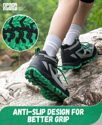 Non-slip kids hiking boots with a grippy outsole for nature walks, day hikes, warm-weather trails and changing outdoor surfaces [color:BlackGreen]