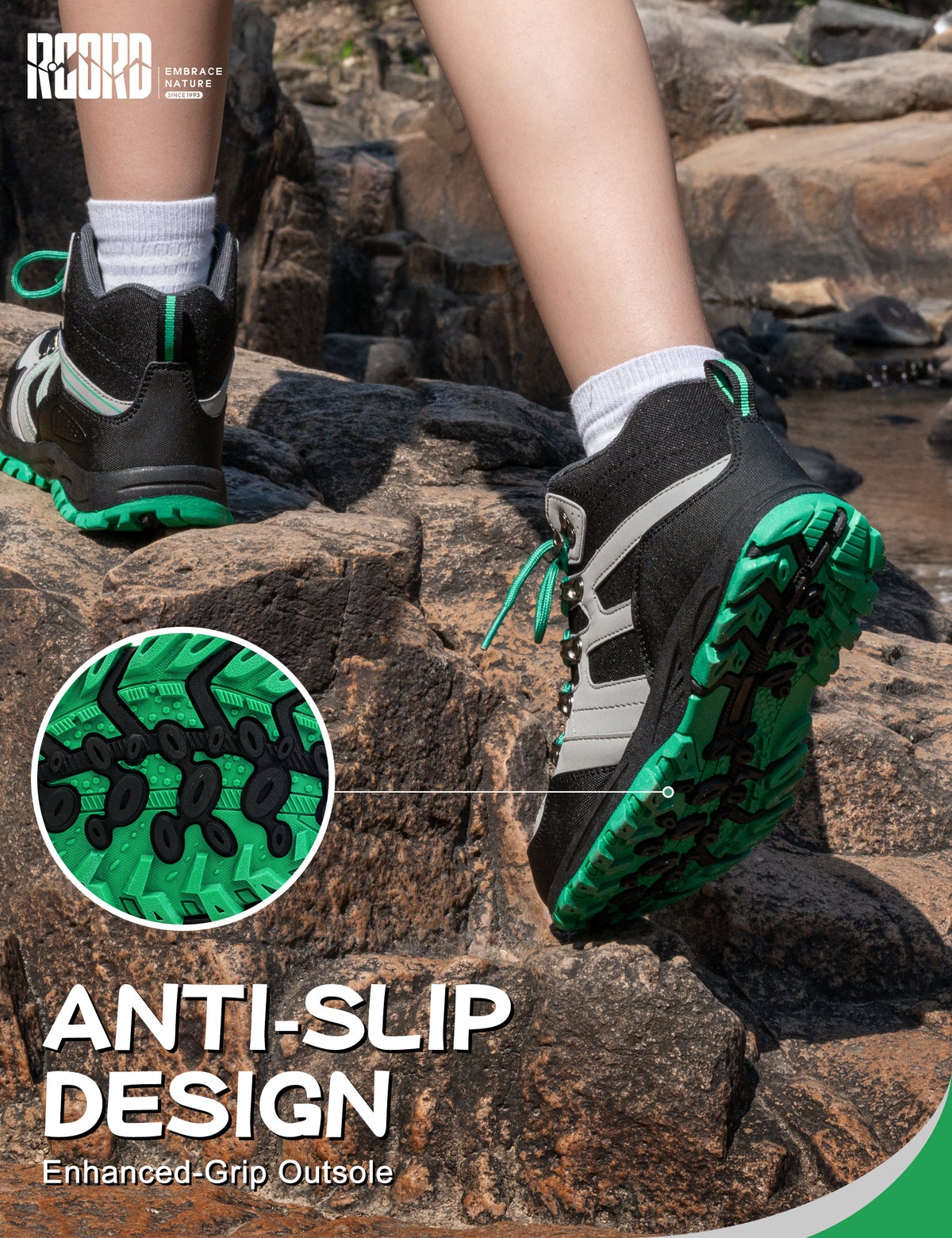 Non-slip kids hiking boots with a grippy outsole for school, park, weekend walks and changing outdoor surfaces [color:BlackGreen]