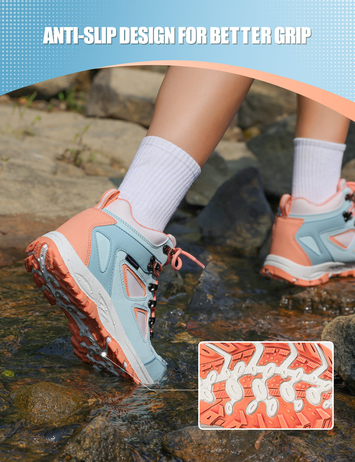 Non-slip kids hiking boots with a grippy outsole for family hiking, camping and changing outdoor surfaces [color:BluePeach]