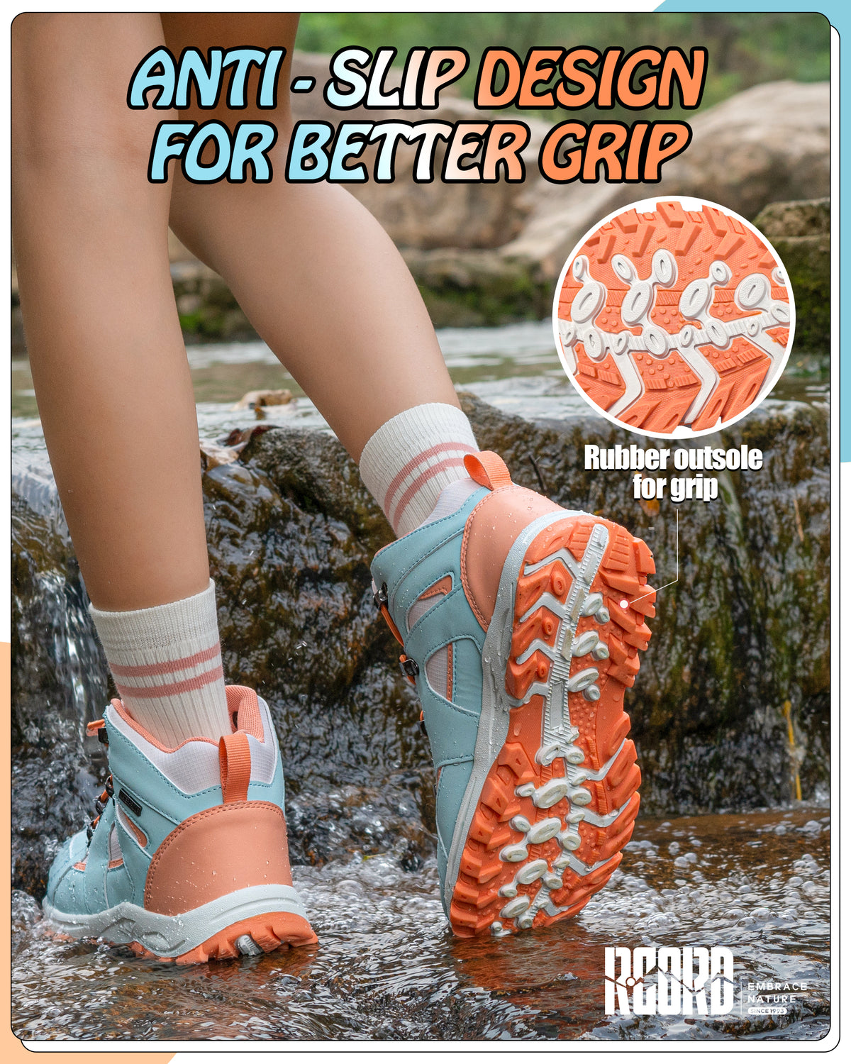Non-slip kids hiking boots with a grippy outsole for school, playground, park and changing outdoor surfaces [color:BluePeach]