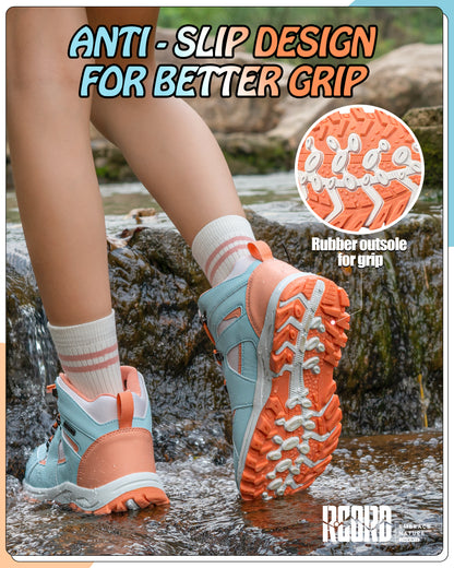 Non-slip kids hiking boots with a grippy outsole for school, playground, park and changing outdoor surfaces [color:BluePeach]
