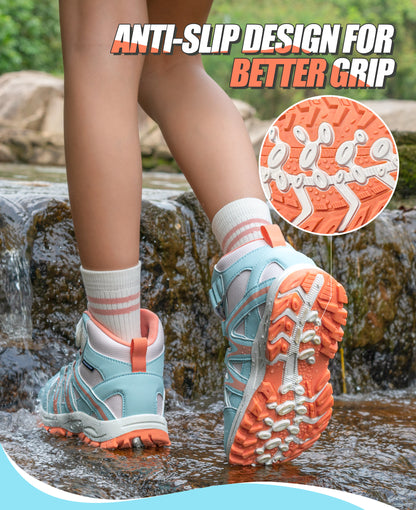 Non-slip girls hiking boots with a grippy outsole for school, daily wear, family outings and changing outdoor surfaces [color:BluePeach]