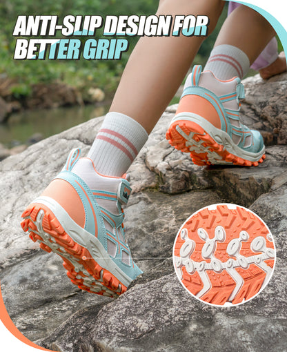 Non-slip girls hiking boots with a grippy outsole for nature trails, family hiking, outdoor exploring and changing outdoor surfaces [color:BluePeach]
