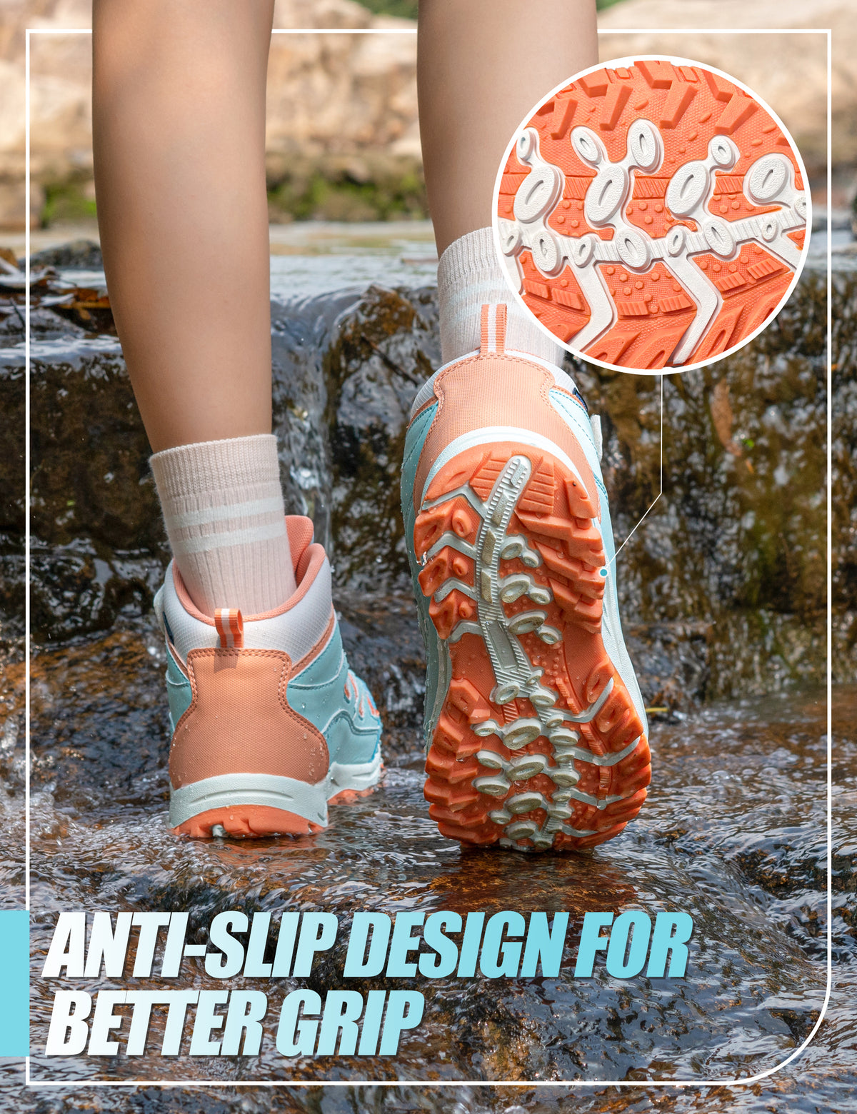 Non-slip girls hiking boots with a grippy outsole for rocky trails, dirt paths, outdoor adventures and changing outdoor surfaces [color:BluePeach]