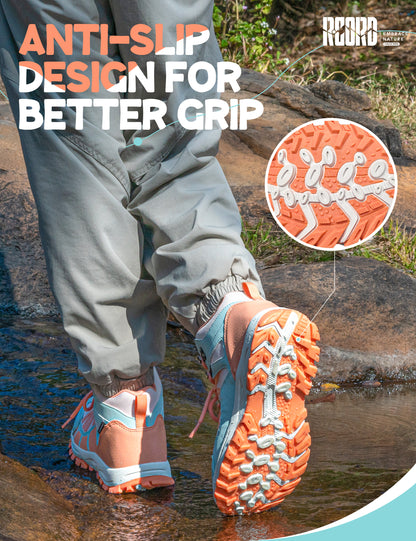 Non-slip kids hiking boots with a grippy outsole for uneven trails, family hiking, trail walking and changing outdoor surfaces [color:BluePeach]