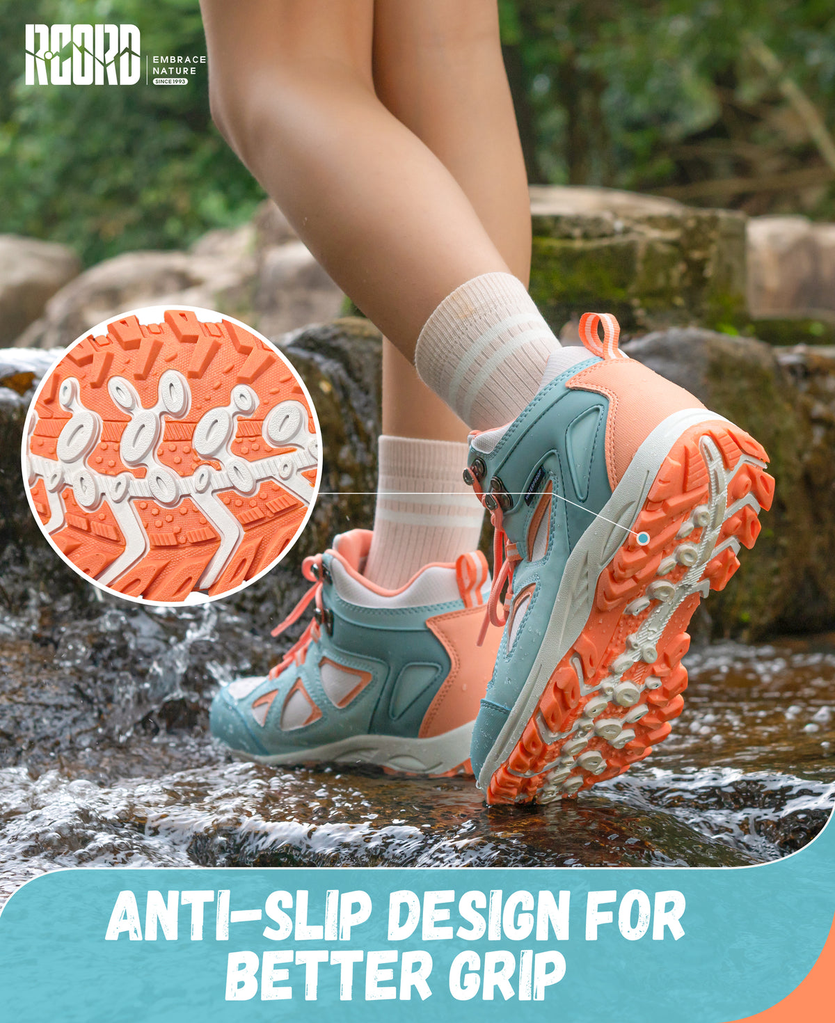 Non-slip kids hiking boots with a grippy outsole for nature walks, day hikes, warm-weather trails and changing outdoor surfaces [color:BluePeach]