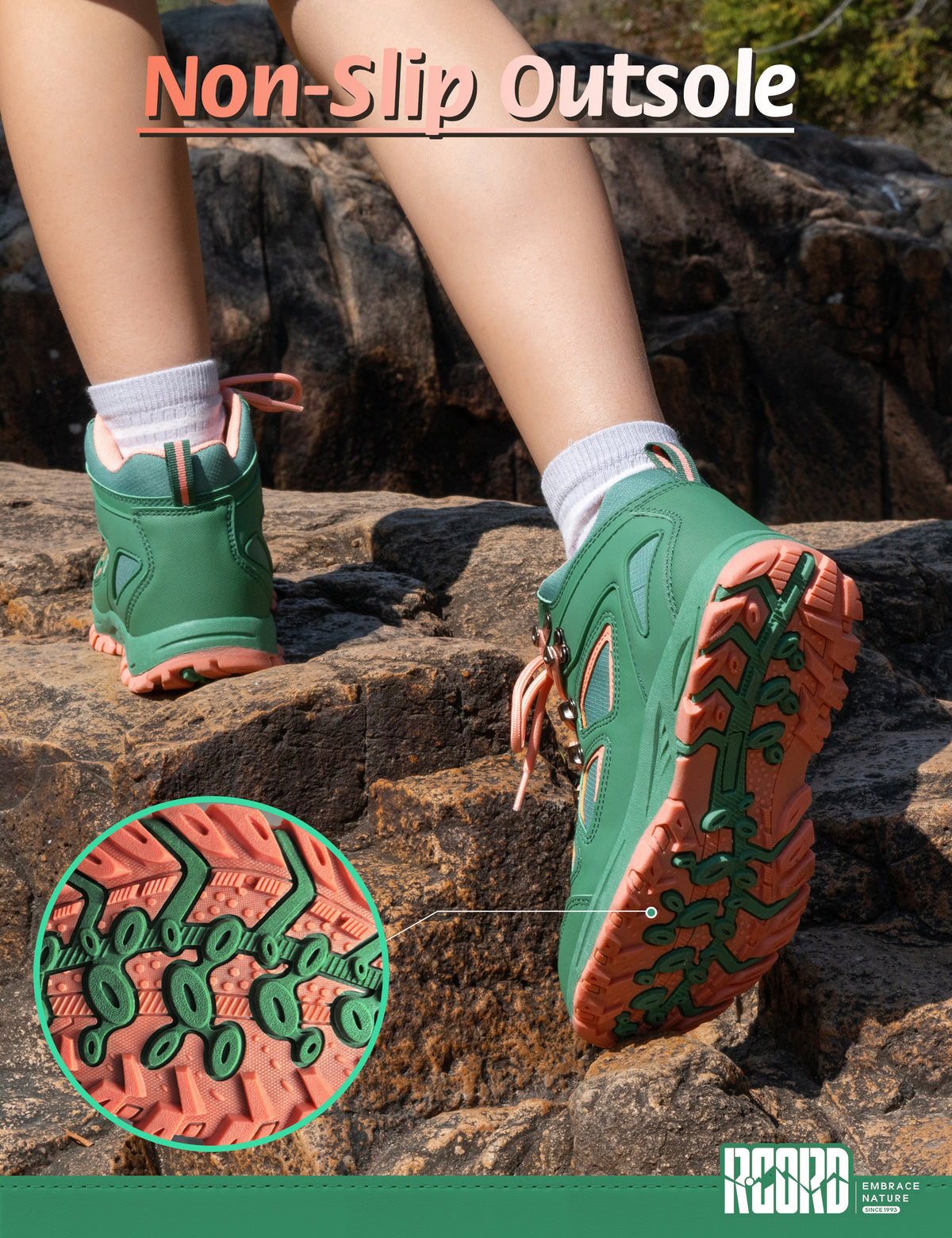Non-slip kids hiking boots with a grippy outsole for family hiking, camping and changing outdoor surfaces [color:GreenPeach]