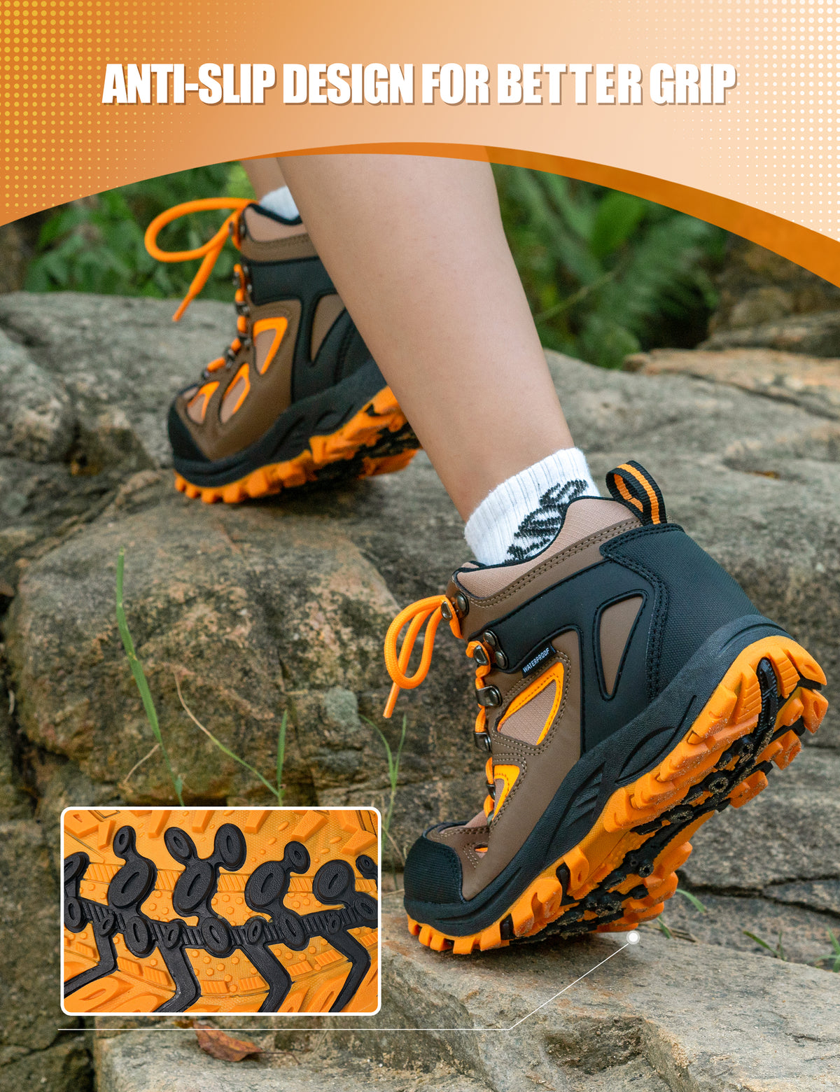 Non-slip kids hiking boots with a grippy outsole for family hiking, camping and changing outdoor surfaces [color:Khaki]