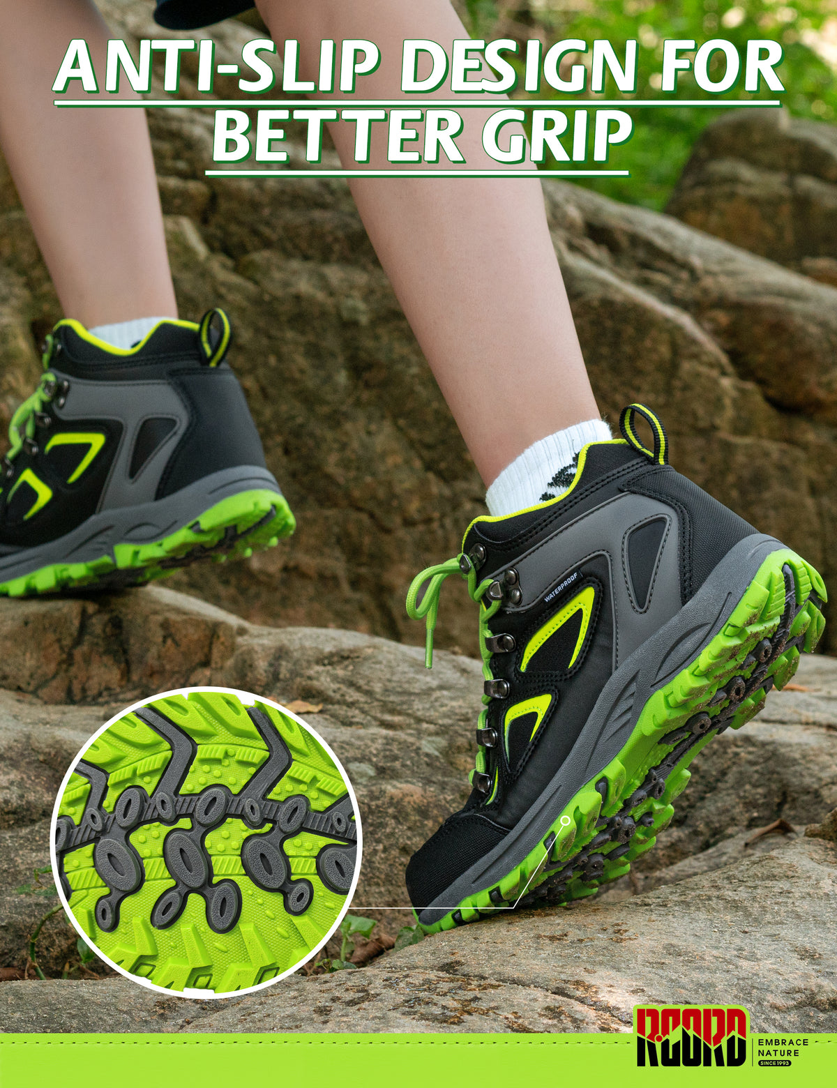Non-slip kids hiking boots with a grippy outsole for family hiking, camping and changing outdoor surfaces [color:NeonGreen]