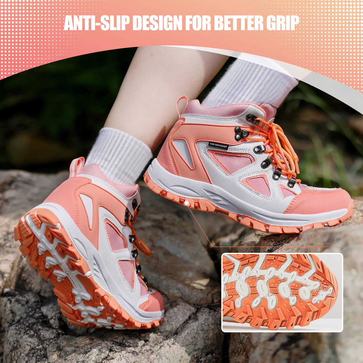 Non-slip kids hiking boots with a grippy outsole for family hiking, camping and changing outdoor surfaces [color:Peach]