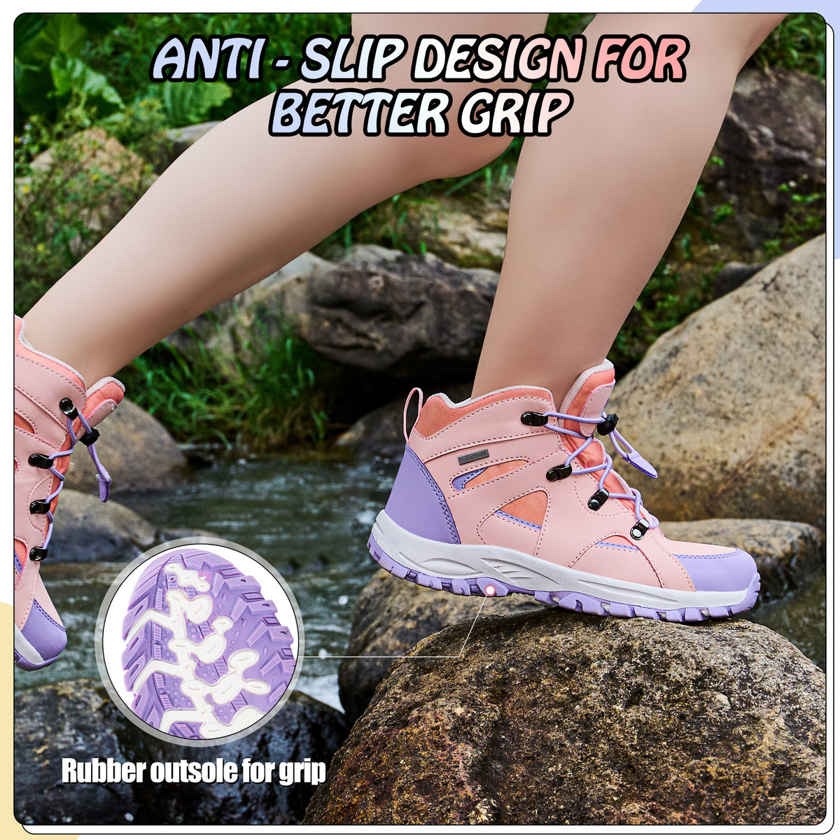 Non-slip kids hiking boots with a grippy outsole for school, playground, park and changing outdoor surfaces [color:Peach]