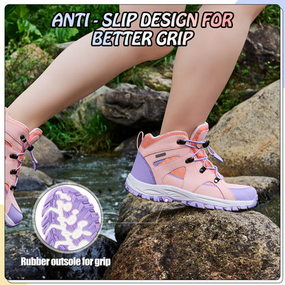 Non-slip kids hiking boots with a grippy outsole for school, playground, park and changing outdoor surfaces [color:Peach]