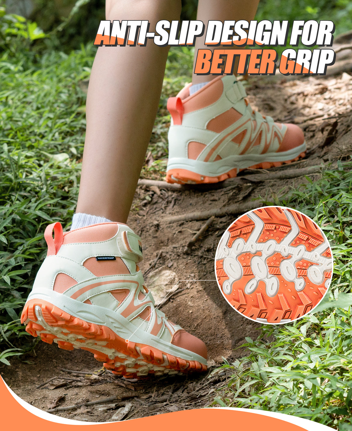 Non-slip girls hiking boots with a grippy outsole for school, daily wear, family outings and changing outdoor surfaces [color:Peach]