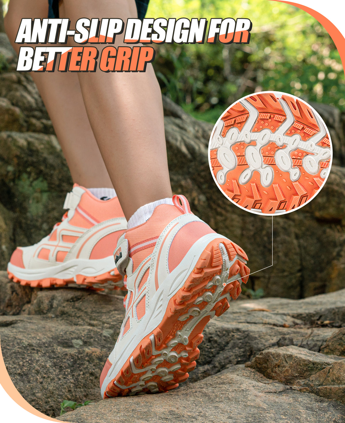 Non-slip girls hiking boots with a grippy outsole for nature trails, family hiking, outdoor exploring and changing outdoor surfaces [color:Peach]