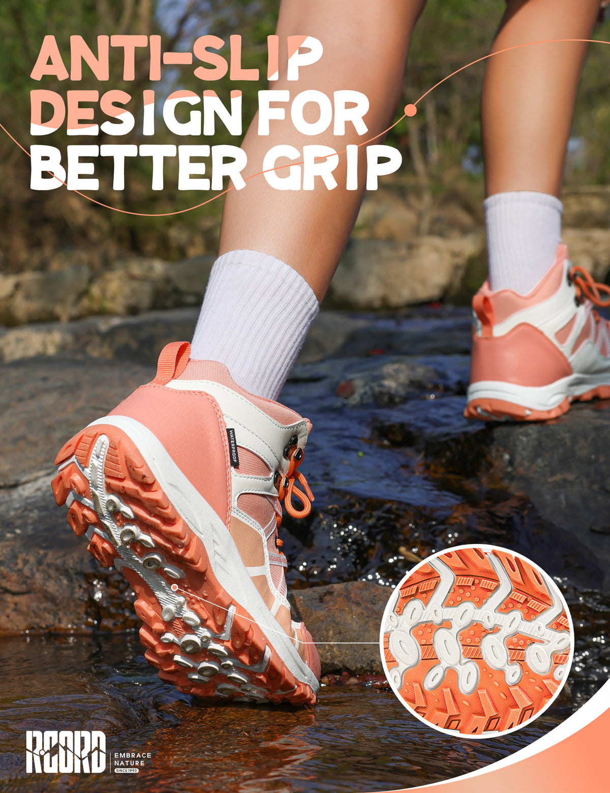 Non-slip kids hiking boots with a grippy outsole for uneven trails, family hiking, trail walking and changing outdoor surfaces [color:Peach]
