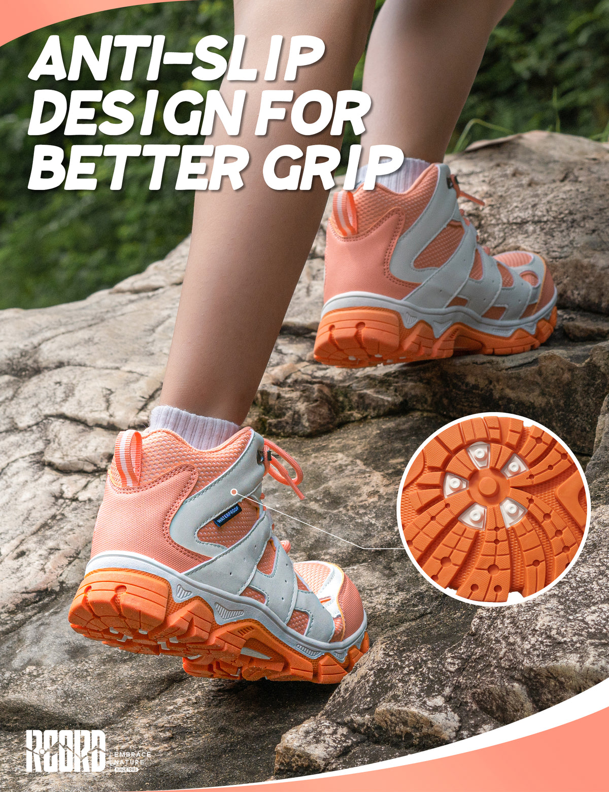 Non-slip kids hiking boots with a grippy outsole for school, playground, walking and changing outdoor surfaces [color:Peach]