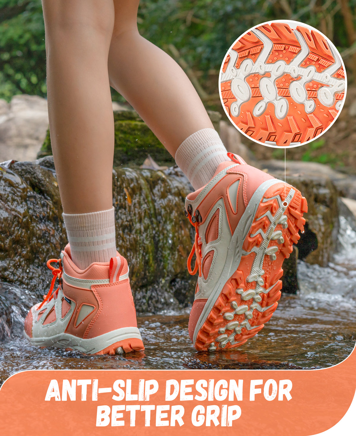 Non-slip kids hiking boots with a grippy outsole for nature walks, day hikes, warm-weather trails and changing outdoor surfaces [color:Peach]
