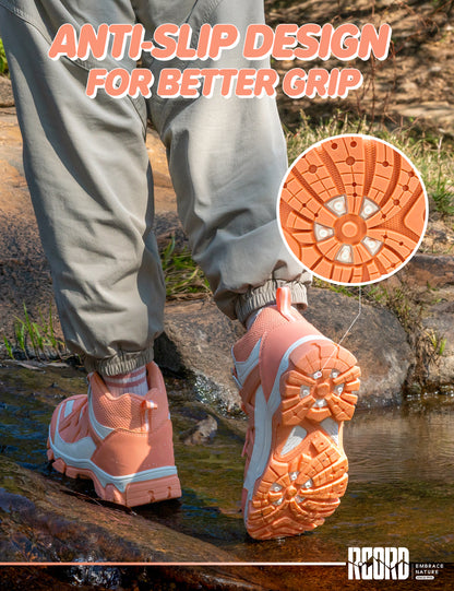 Non-slip kids hiking boots with a grippy outsole for park, travel, easy trails and changing outdoor surfaces [color:Peach]