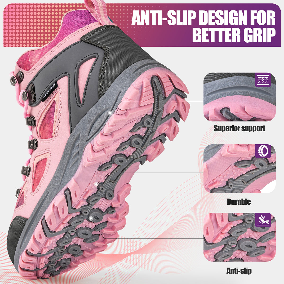 Non-slip kids hiking boots with a grippy outsole for family hiking, camping and changing outdoor surfaces [color:Pink]