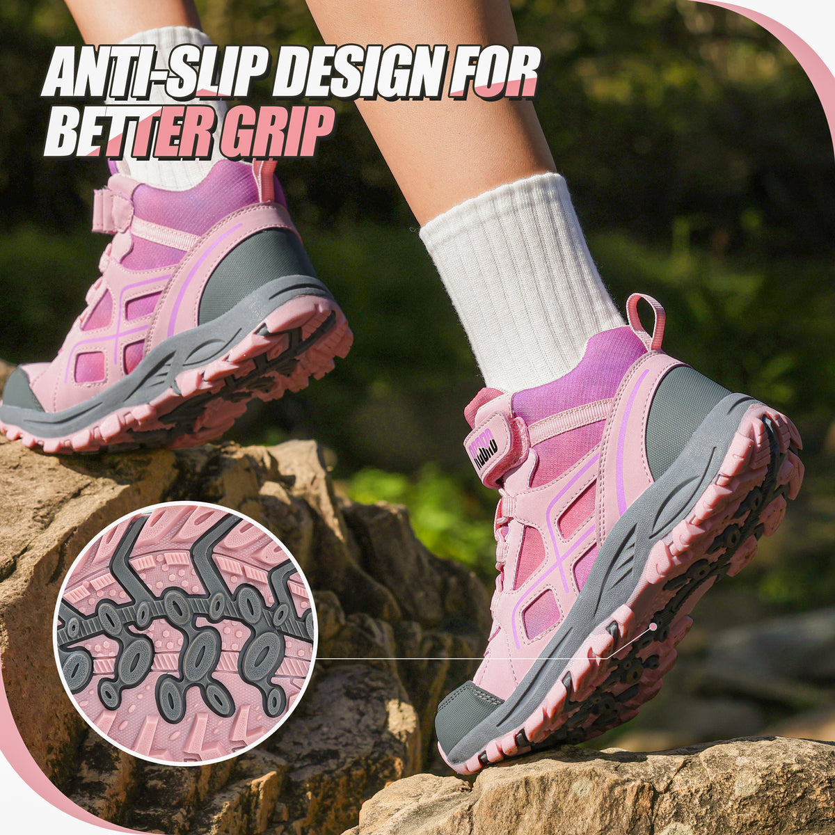 Non-slip girls hiking boots with a grippy outsole for nature trails, family hiking, outdoor exploring and changing outdoor surfaces [color:Pink]