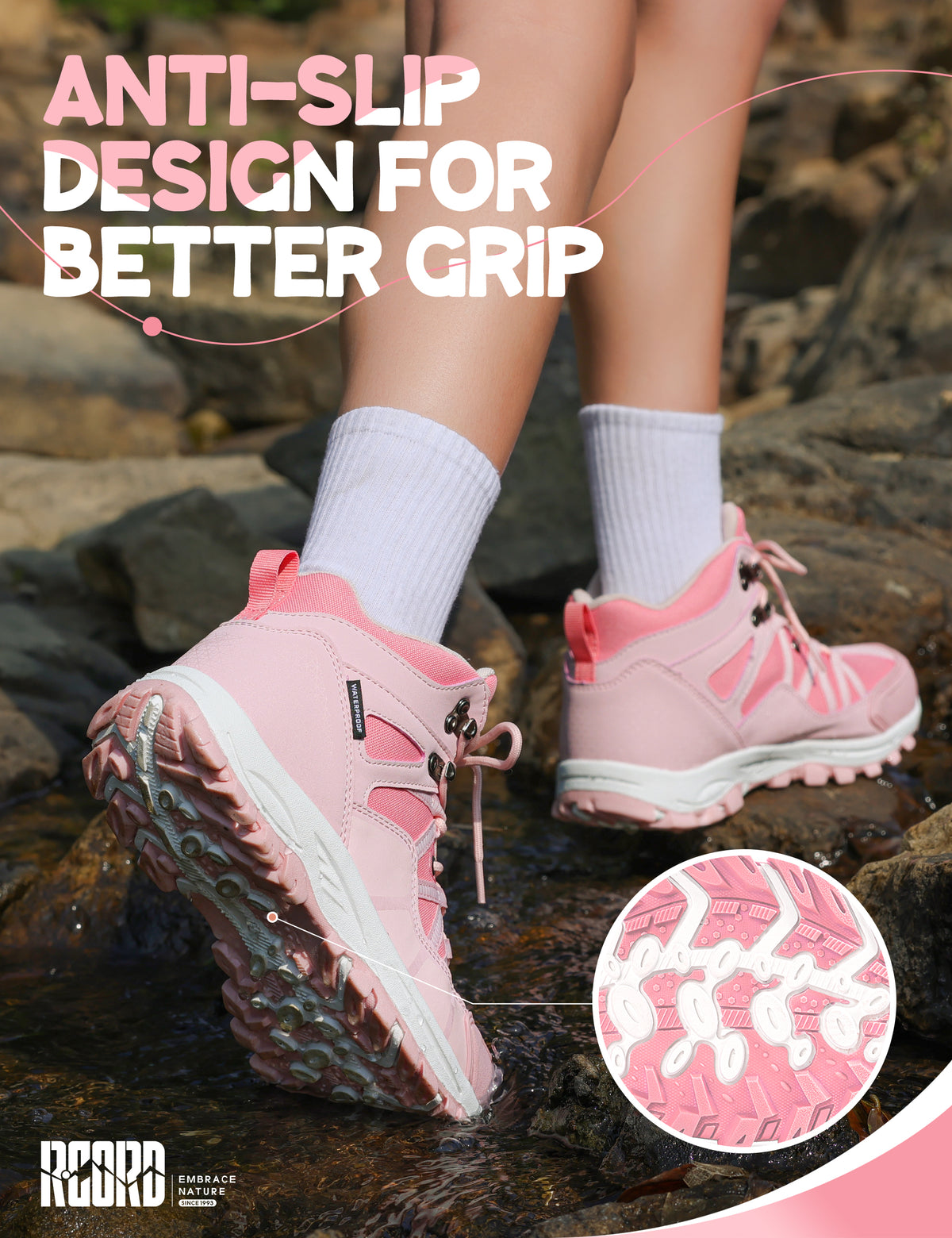 Non-slip kids hiking boots with a grippy outsole for uneven trails, family hiking, trail walking and changing outdoor surfaces [color:Pink]