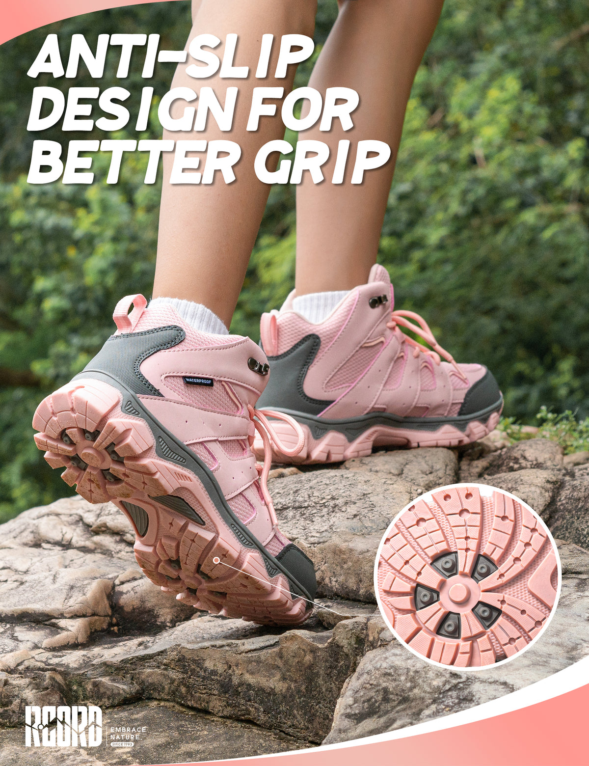Non-slip kids hiking boots with a grippy outsole for school, playground, walking and changing outdoor surfaces [color:Pink]