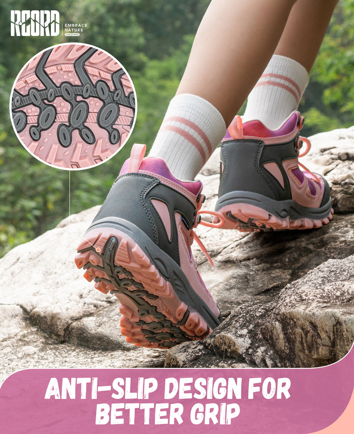 Non-slip kids hiking boots with a grippy outsole for nature walks, day hikes, warm-weather trails and changing outdoor surfaces [color:Pink]