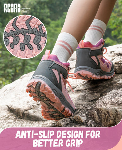 Non-slip kids hiking boots with a grippy outsole for nature walks, day hikes, warm-weather trails and changing outdoor surfaces [color:Pink]