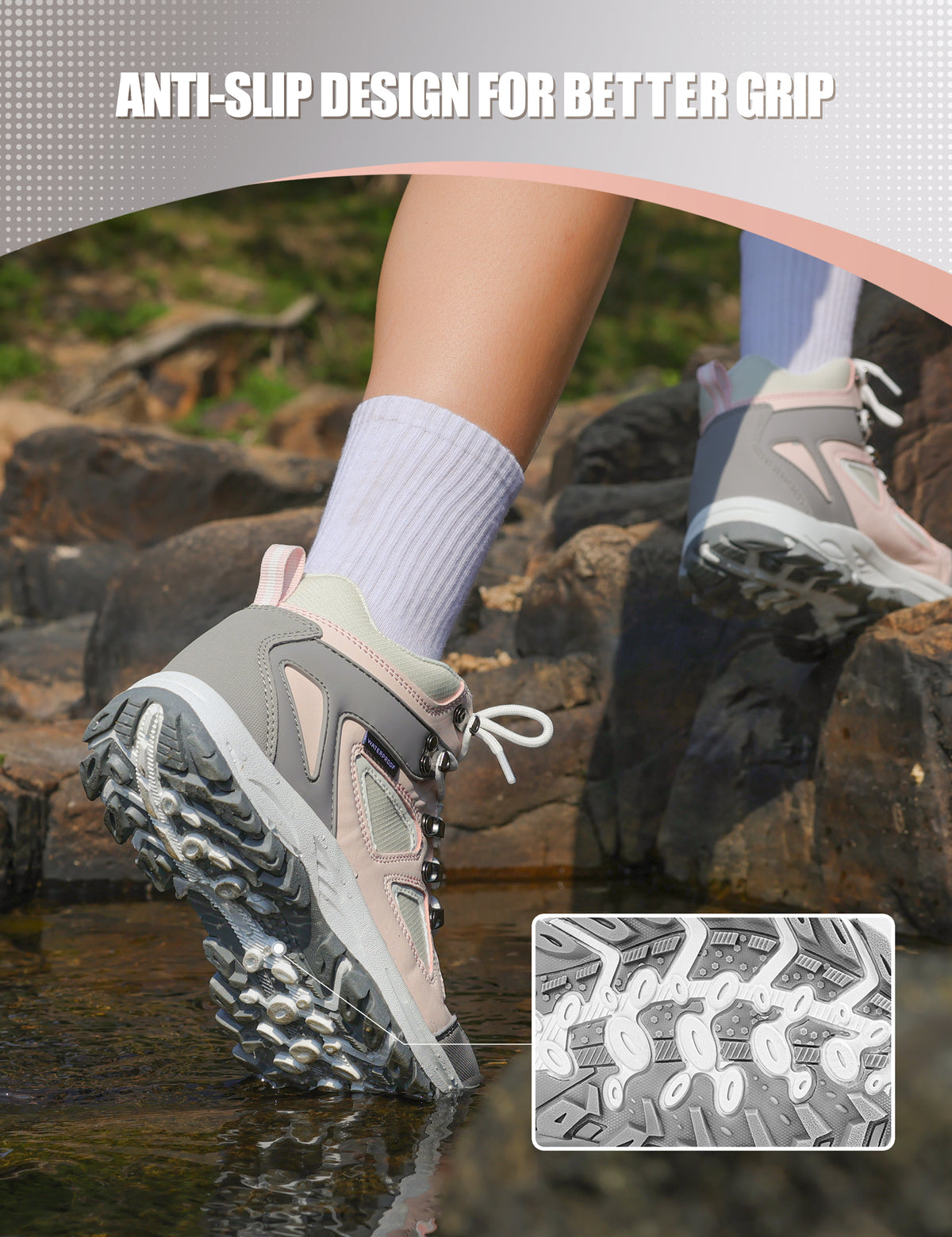 Non-slip kids hiking boots with a grippy outsole for family hiking, camping and changing outdoor surfaces [color:PinkGrey]