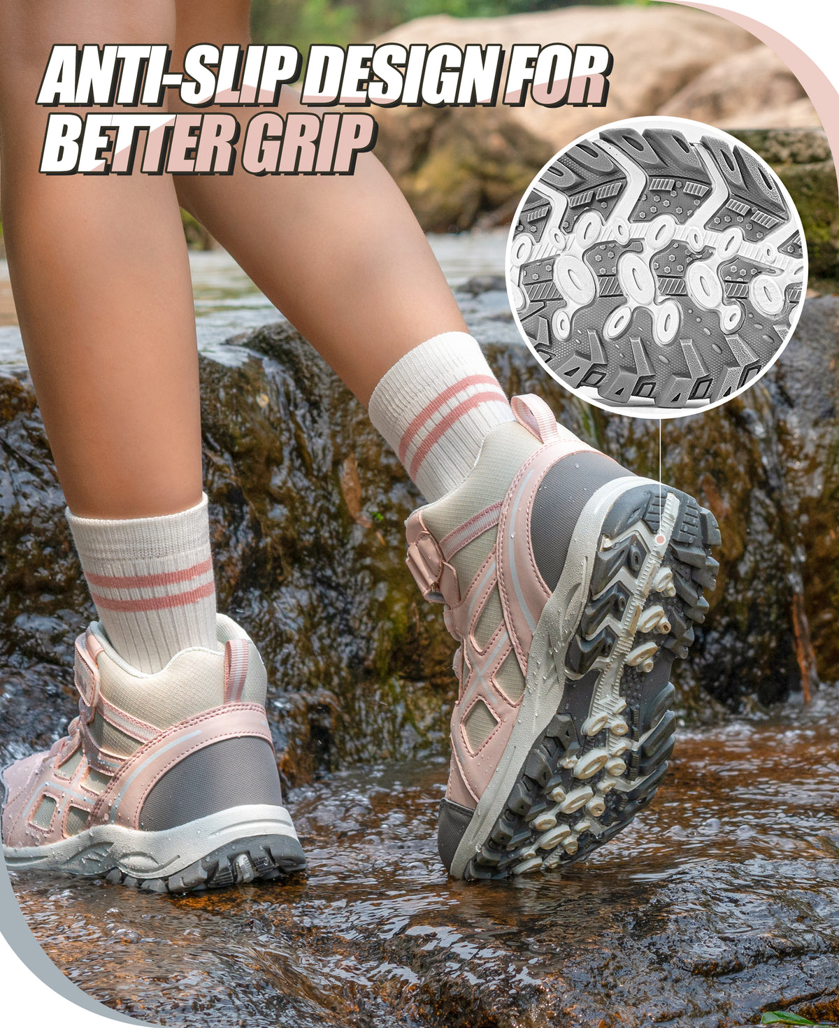 Non-slip girls hiking boots with a grippy outsole for nature trails, family hiking, outdoor exploring and changing outdoor surfaces [color:PinkGrey]