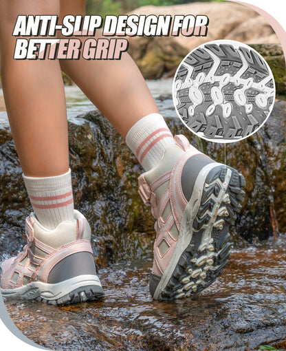 Non-slip girls hiking boots with a grippy outsole for nature trails, family hiking, outdoor exploring and changing outdoor surfaces [color:PinkGrey]