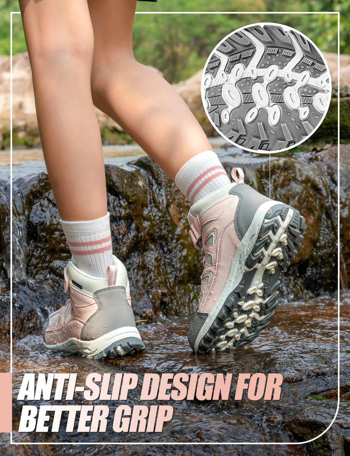 Non-slip girls hiking boots with a grippy outsole for rocky trails, dirt paths, outdoor adventures and changing outdoor surfaces [color:PinkGrey]