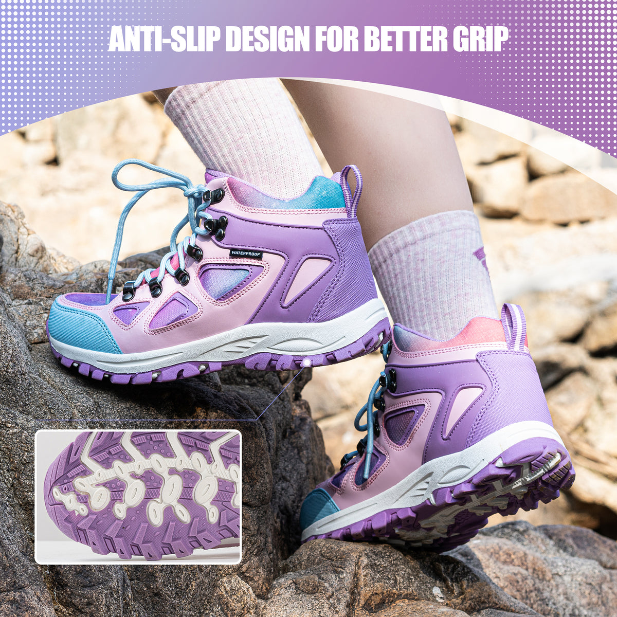 Non-slip kids hiking boots with a grippy outsole for family hiking, camping and changing outdoor surfaces [color:Purple]