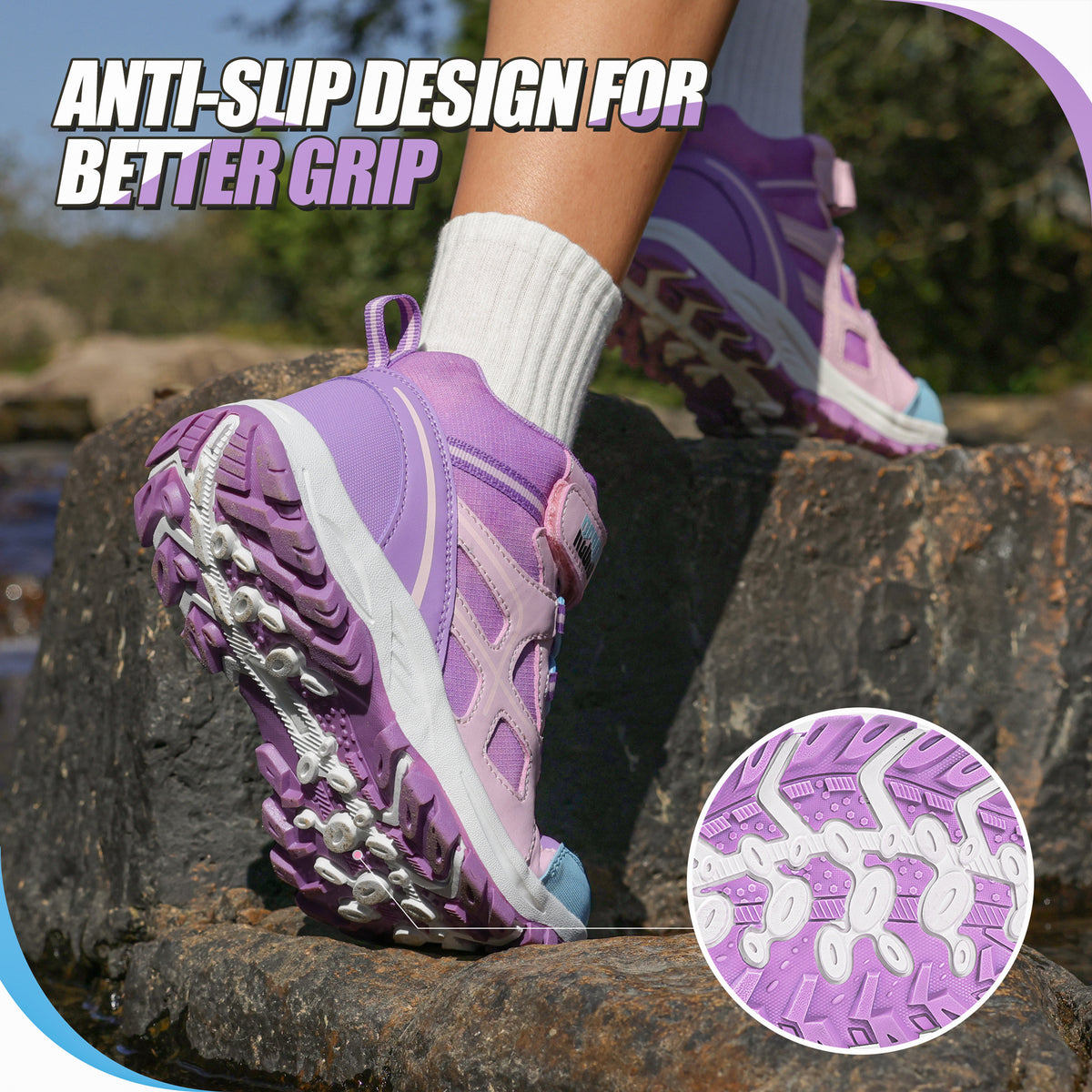 Non-slip girls hiking boots with a grippy outsole for nature trails, family hiking, outdoor exploring and changing outdoor surfaces [color:Purple]
