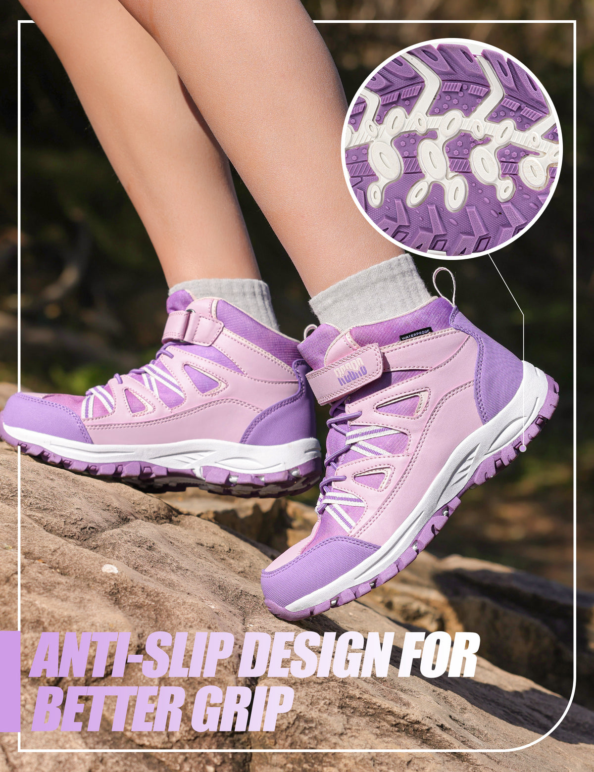 Non-slip girls hiking boots with a grippy outsole for rocky trails, dirt paths, outdoor adventures and changing outdoor surfaces [color:Purple]