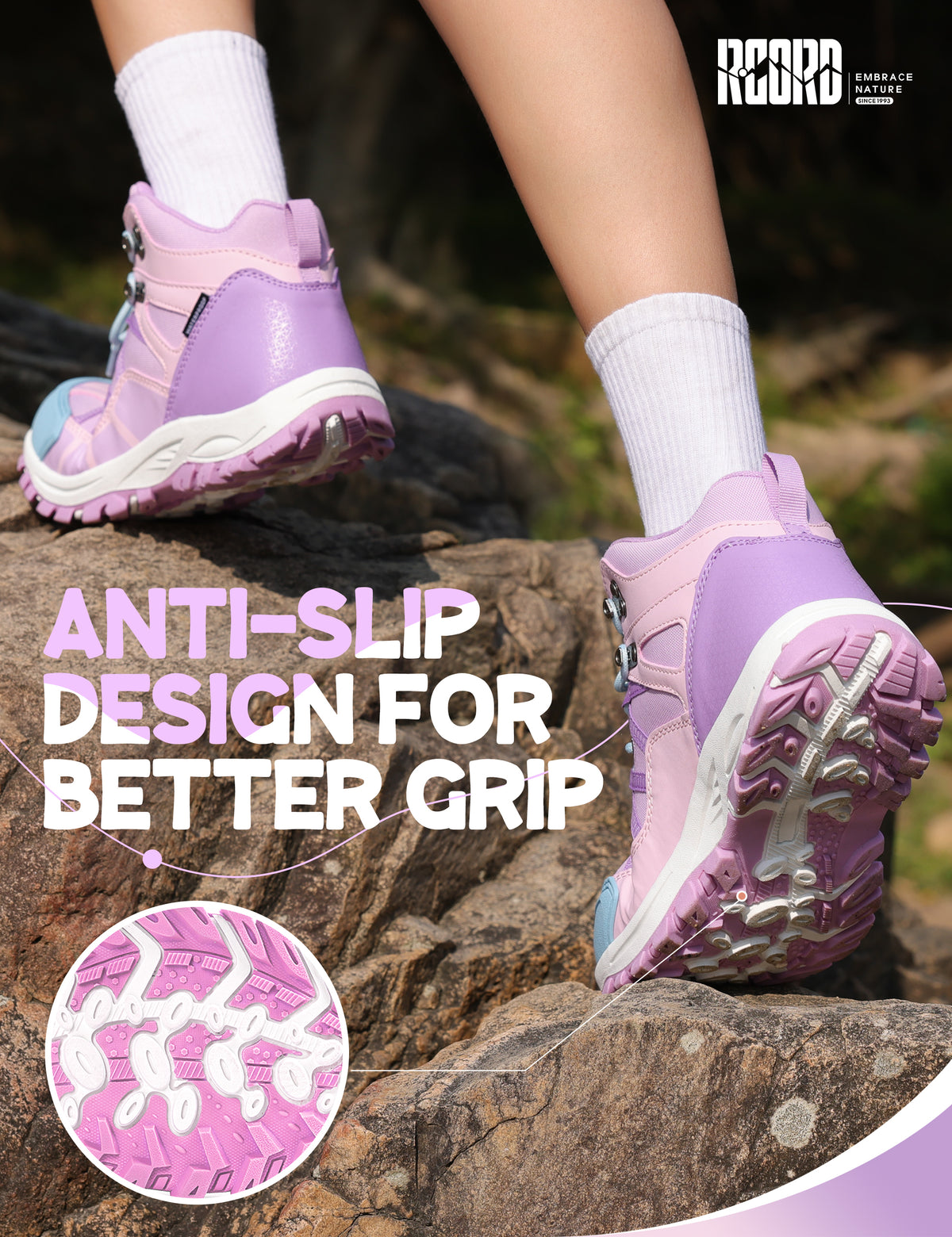 Non-slip kids hiking boots with a grippy outsole for uneven trails, family hiking, trail walking and changing outdoor surfaces [color:Purple]